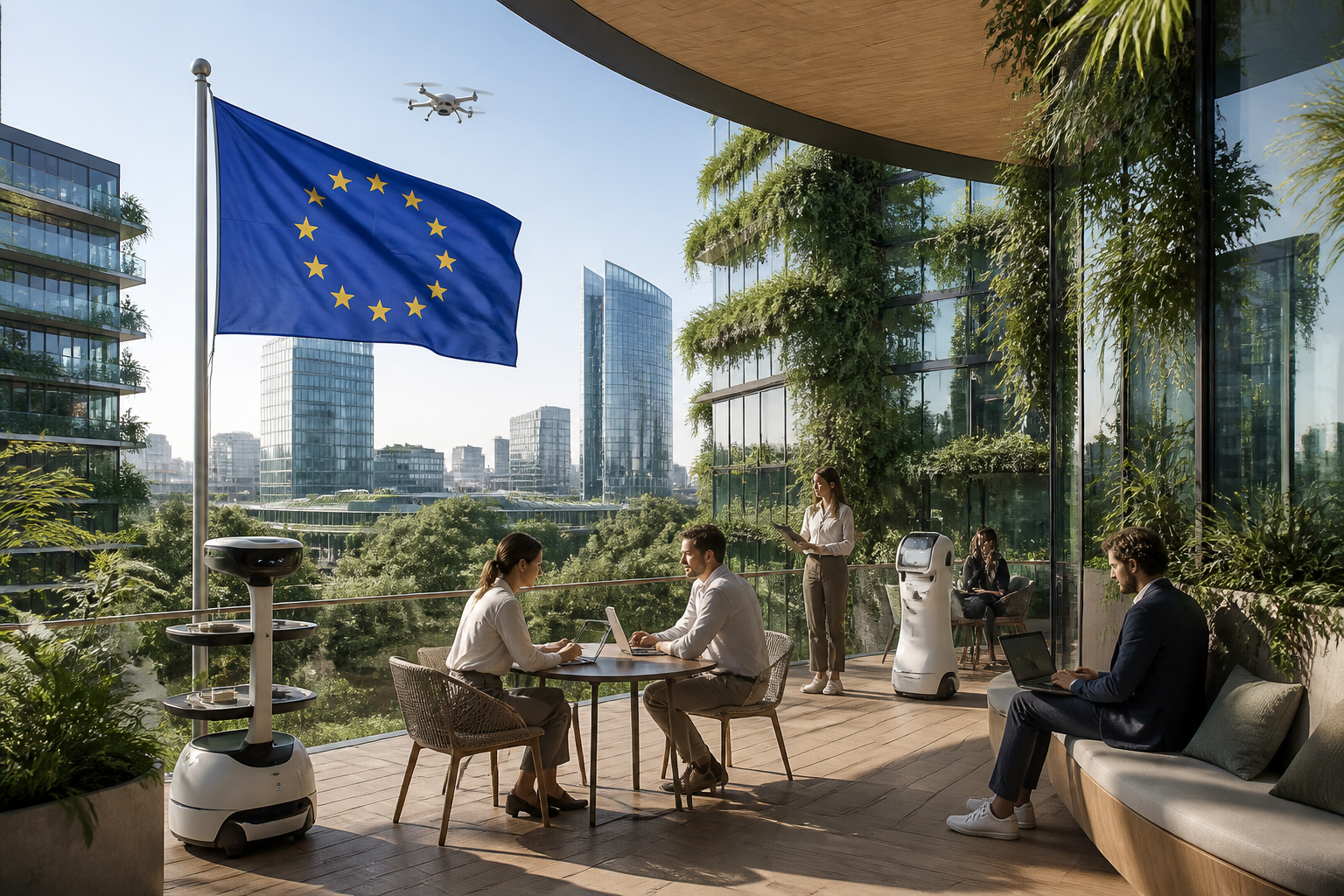 Drapeau européen stylisé intégrant des éléments d'intelligence artificielle agentique, symbolisant l'adoption de l'IA par l'Europe.