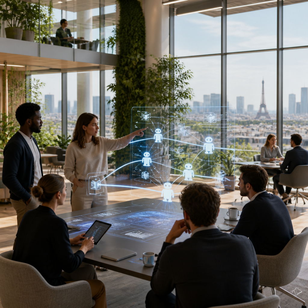 Professionnels analysant des flux de données complexes et des agents IA autonomes sur un écran holographique dans un bureau moderne.