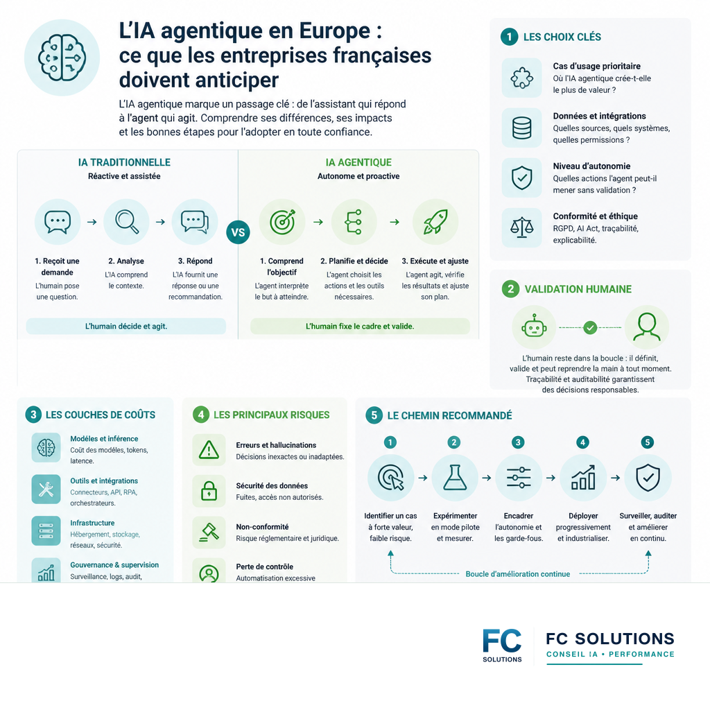 Infographie comparant l'IA agentique autonome et l'IA traditionnelle réactive, illustrant leurs différences clés.