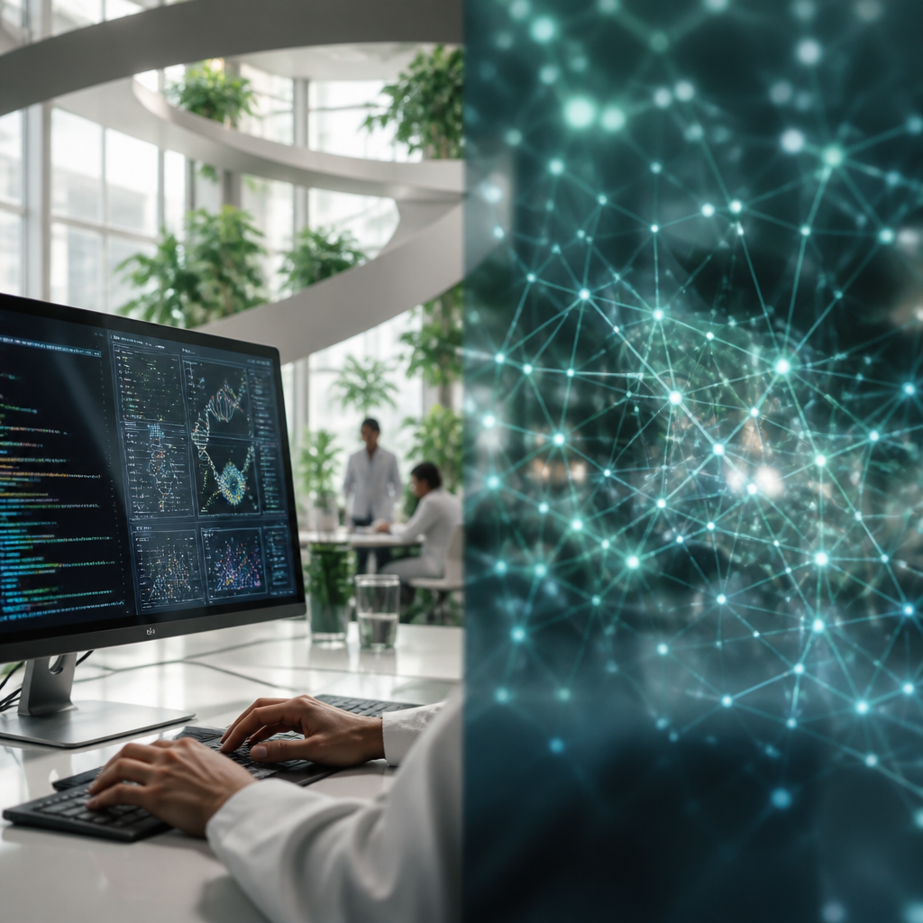 Mains de chercheur sur un clavier avec visualisations de données et représentation de réseaux neuronaux symbolisant l'IA.