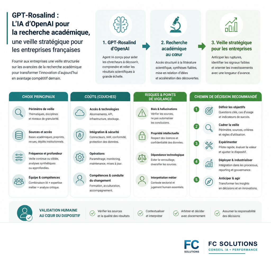 Infographie résumant GPT-Rosalind : focus recherche académique et veille stratégique pour les entreprises.