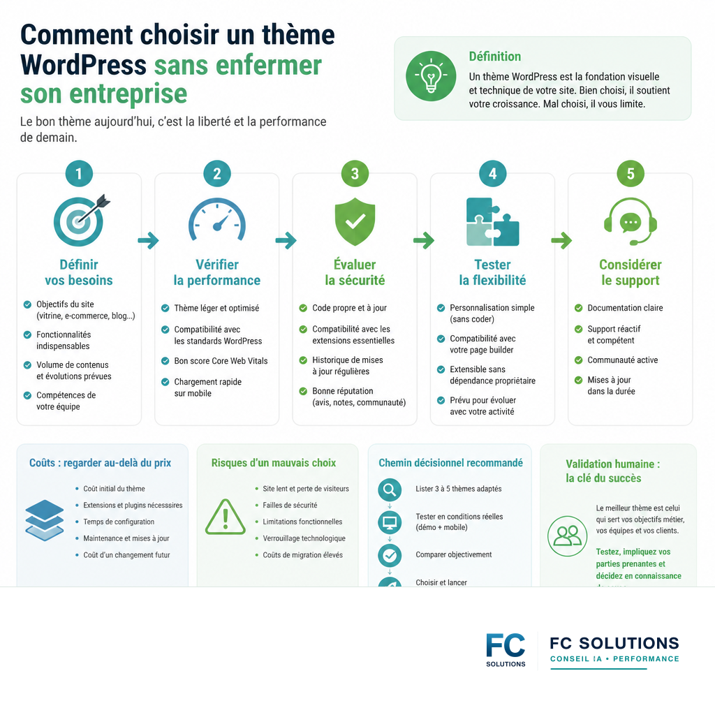 Schéma décisionnel pour sélectionner un thème WordPress adapté aux besoins d'une entreprise.