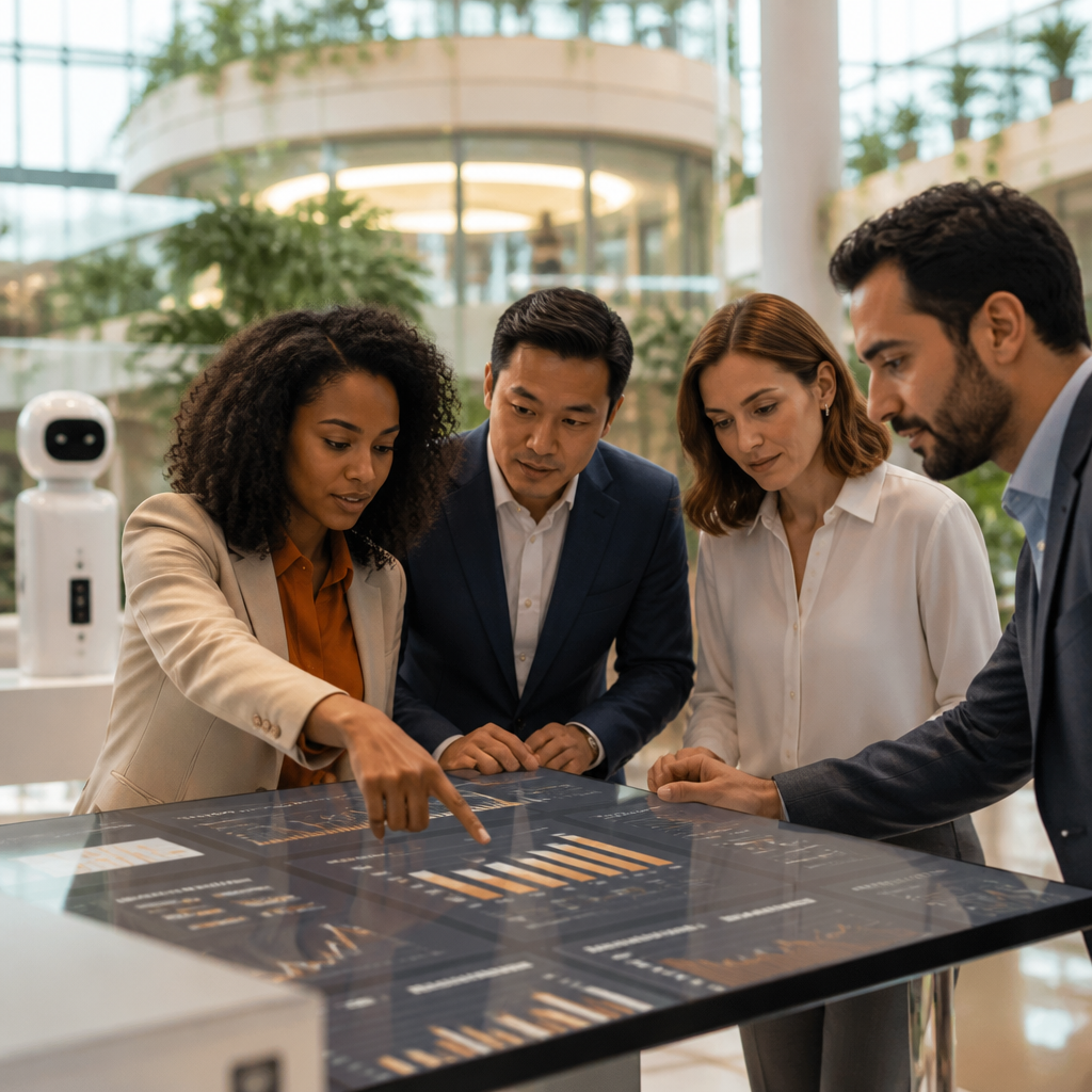 Équipe de conseillers bancaires analysant des données et des insights générés par IA sur une interface numérique collaborative.