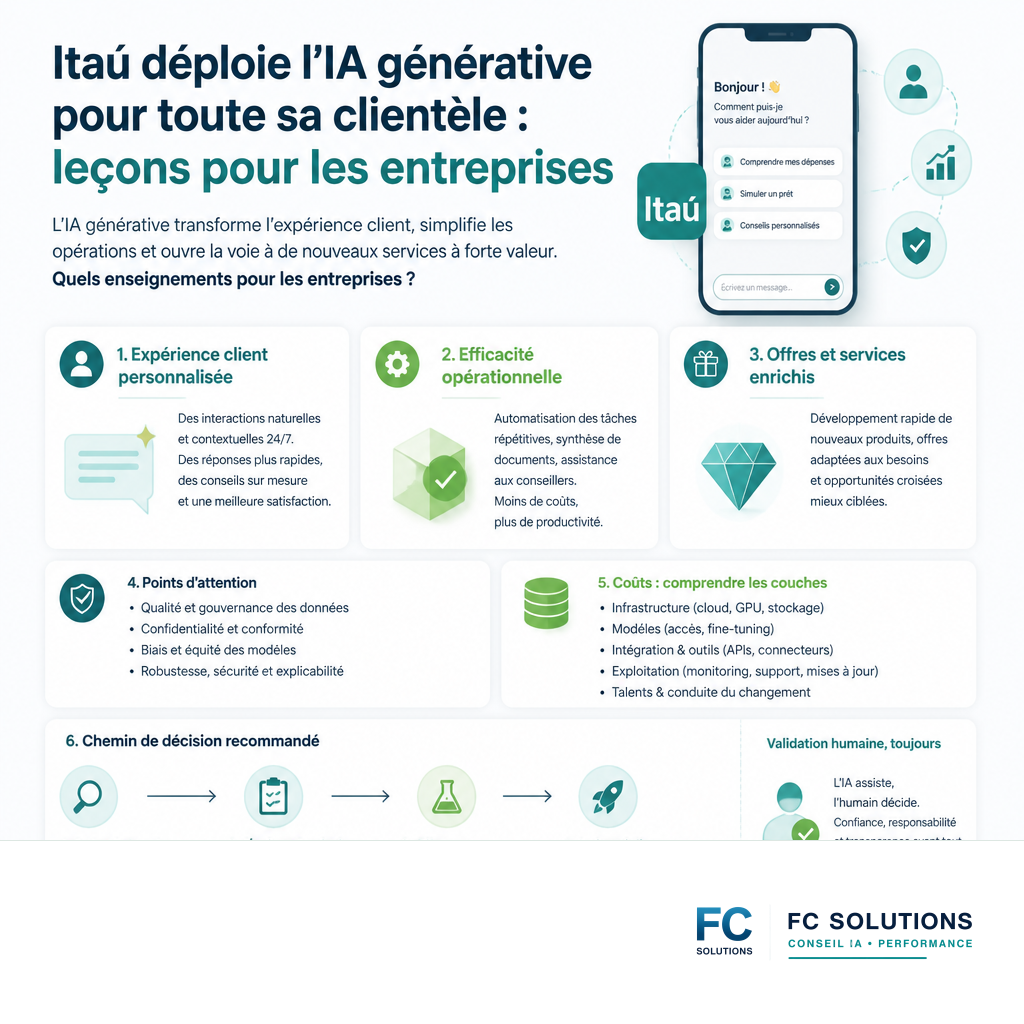Infographie résumant les bénéfices de l'IA générative dans le secteur bancaire : personnalisation, efficacité, offres améliorées.