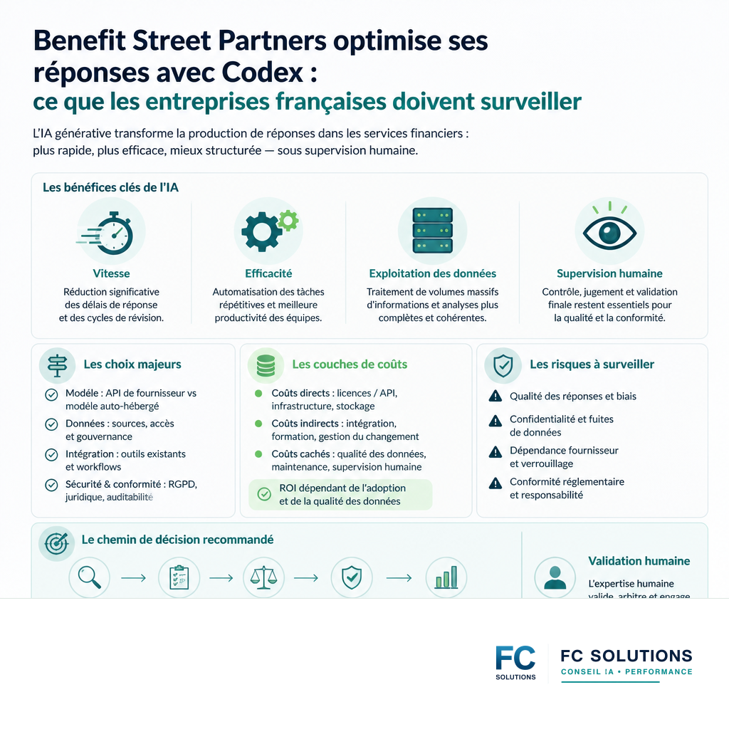 Infographie résumant les bénéfices de l'IA dans les services financiers : rapidité, efficacité, traitement des données et supervision humaine.