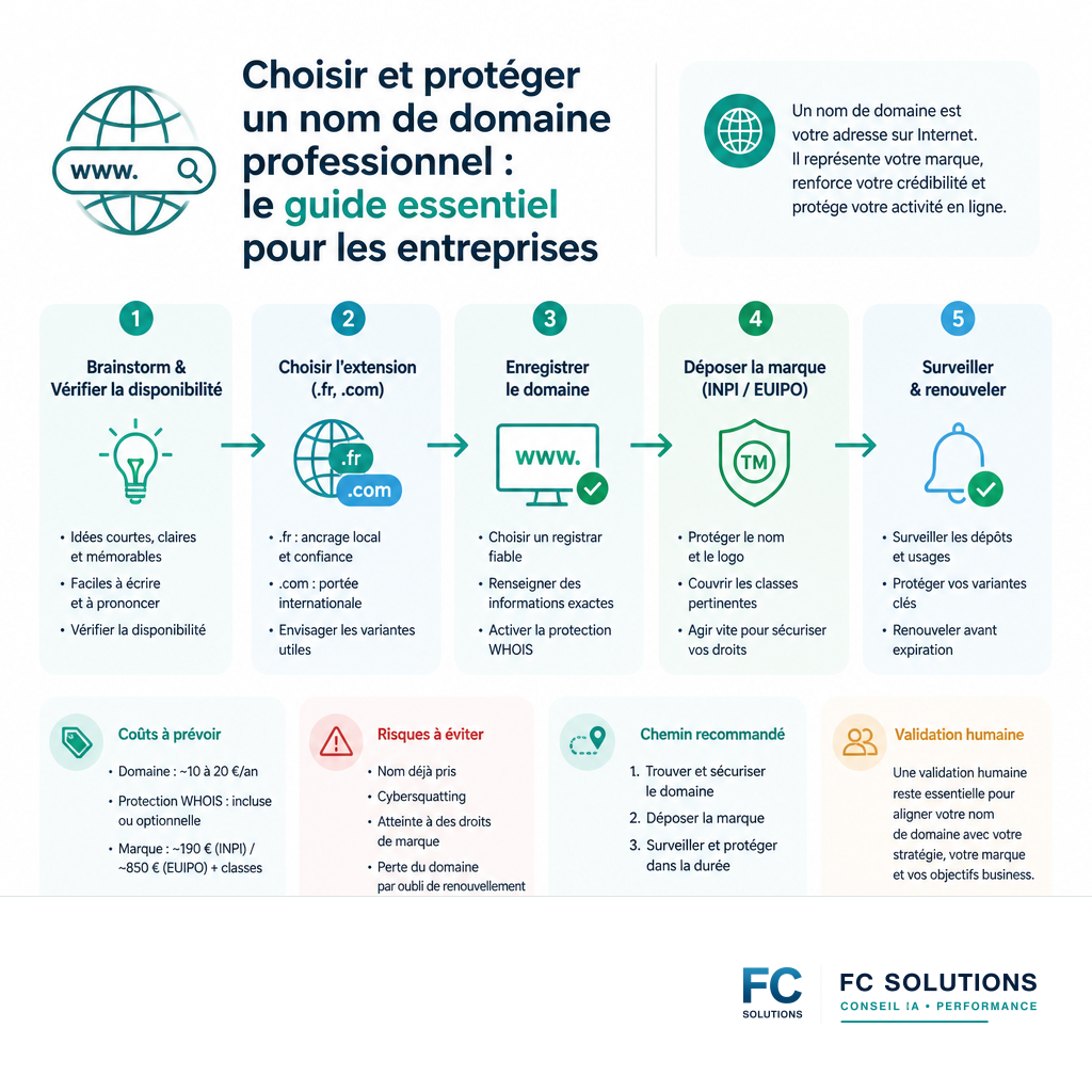 Infographie résumant les étapes clés pour choisir et protéger un nom de domaine professionnel.