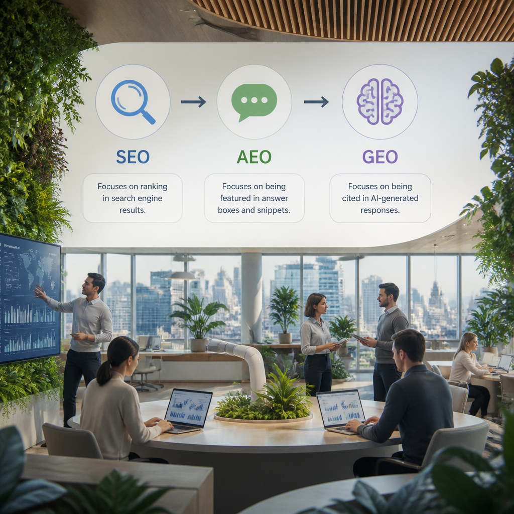 Infographie illustrant l'évolution du référencement : SEO (mots-clés), AEO (réponses directes) et GEO (visibilité IA).
