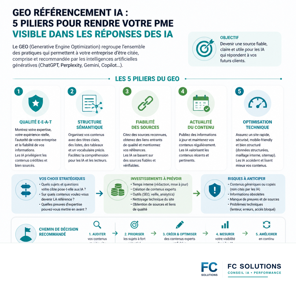 Infographie récapitulant les cinq piliers du référencement GEO : E-E-A-T, structure sémantique, fiabilité, actualité et technique.