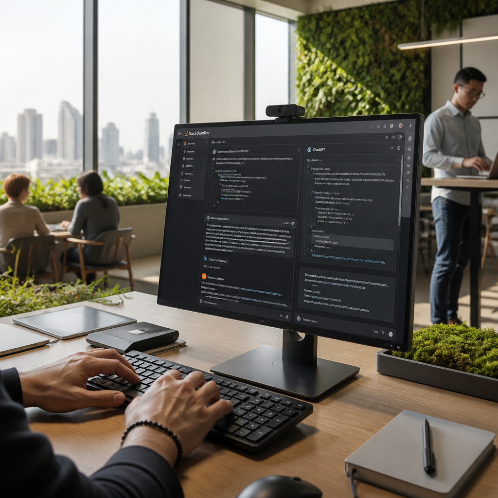 Gros plan sur les mains d'un développeur interagissant avec le plugin ChatGPT sur la plateforme Stack Overflow pour résoudre un problème de codage.