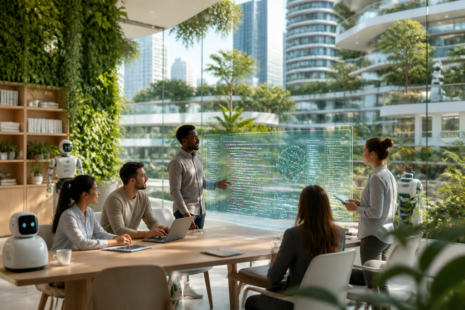Groupe de développeurs diversifiés collaborant sur une interface holographique affichant du code, symbolisant l'innovation et l'inclusivité dans le développement logiciel assisté par IA.