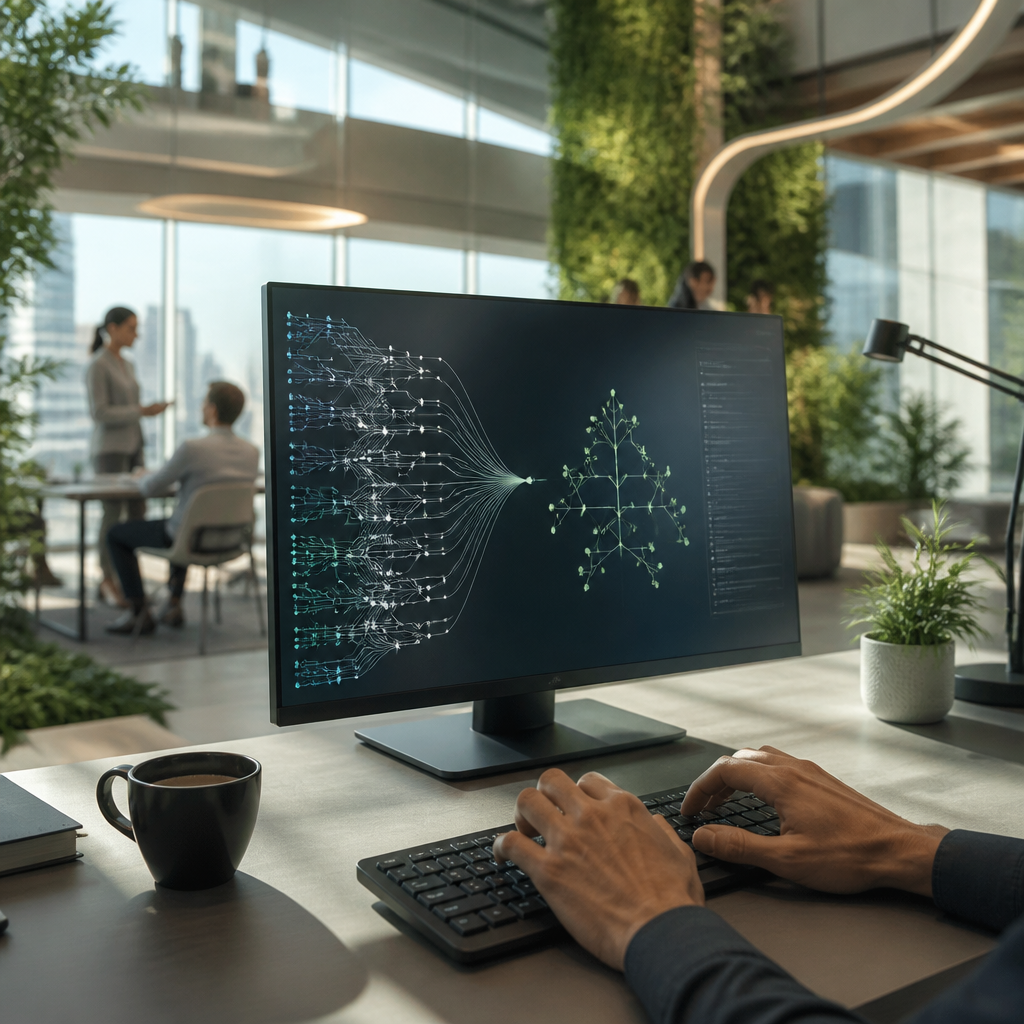 Mains d'un programmeur tapant sur un clavier, avec un écran montrant un arbre syntaxique de langage peu doté analysé par une IA.
