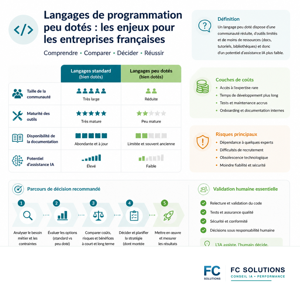 Infographie comparant les langages de programmation standards et peu dotés selon la taille de la communauté, la maturité des outils, la documentation et le potentiel d'assistance IA.