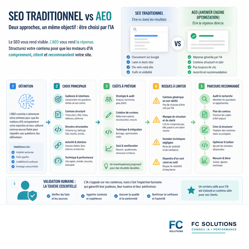 Comparaison entre SEO traditionnel et AEO pour l'optimisation du contenu par IA.