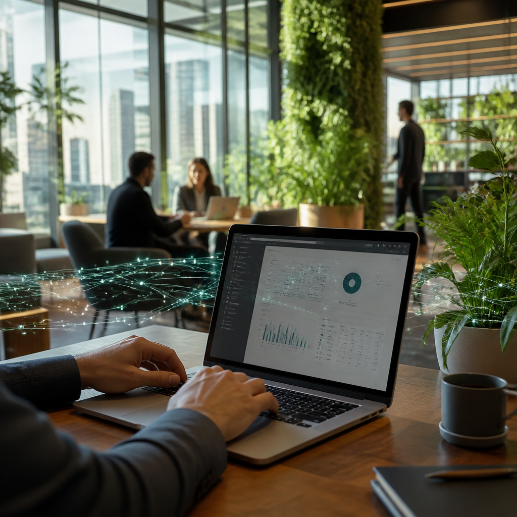 Mains saisissant sur un clavier d'ordinateur affichant un tableau de bord financier, illustrant l'automatisation des tâches grâce à l'IA.