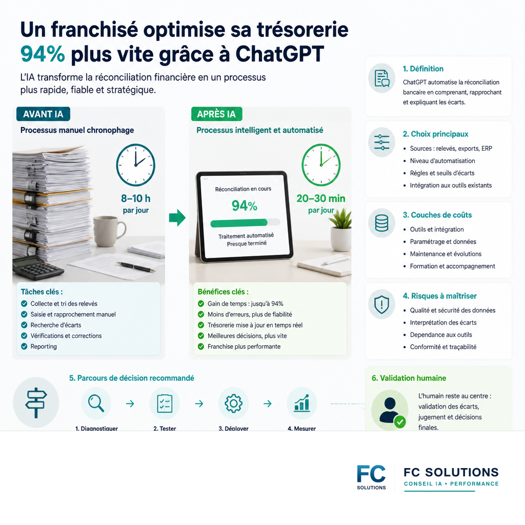 Infographie comparant le temps de réconciliation de trésorerie avant et après l'utilisation de l'IA, montrant une réduction de 94% du temps.