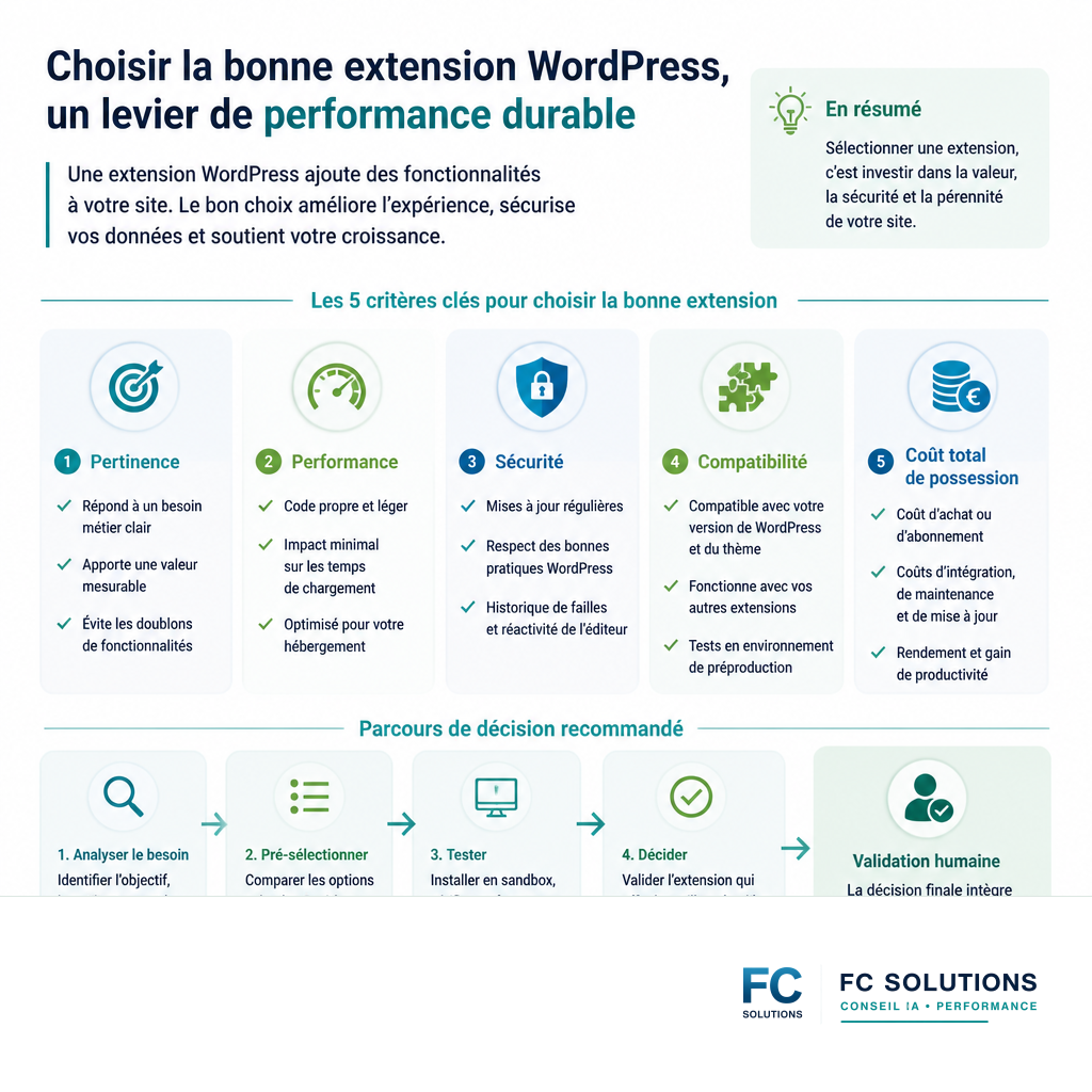 Infographie résumant les 5 critères essentiels pour sélectionner une extension WordPress.