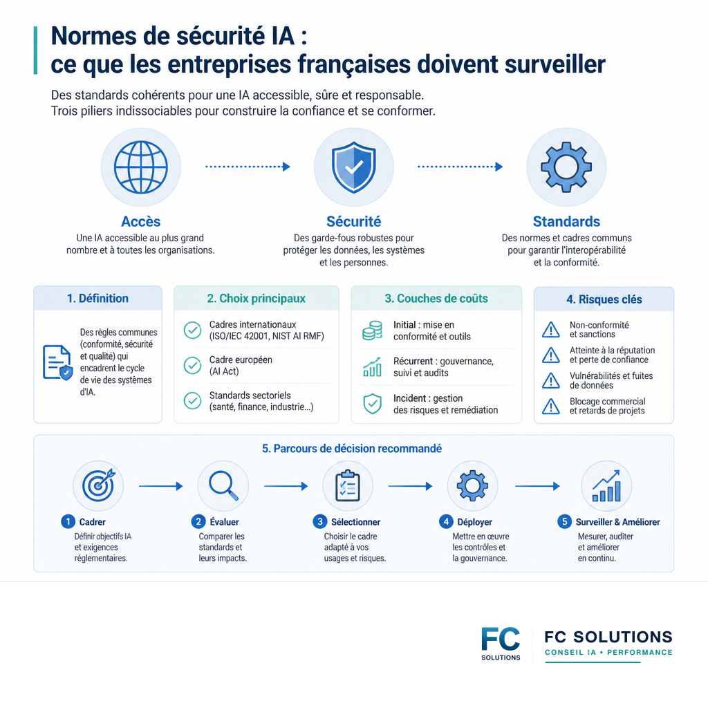 Infographie résumant les standards de sécurité IA : accès global, protection renforcée et cadre unifié.