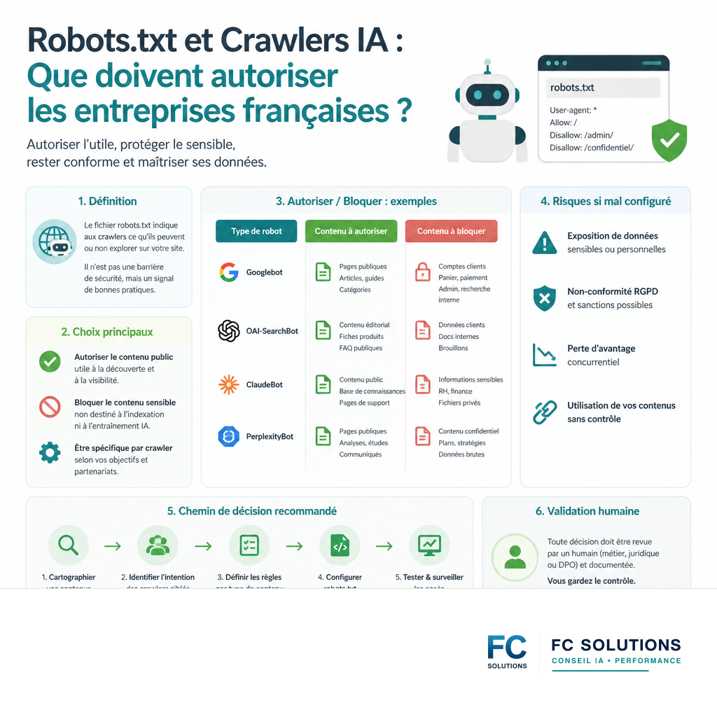 Infographie résumant les types de robots, les contenus autorisés et les contenus bloqués dans un fichier robots.txt pour les IA.