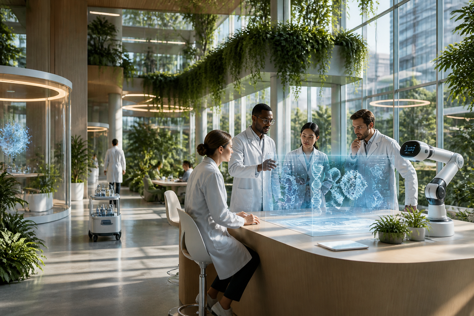 Équipe scientifique utilisant des visualisations de données biologiques complexes assistées par des agents IA pour la découverte.