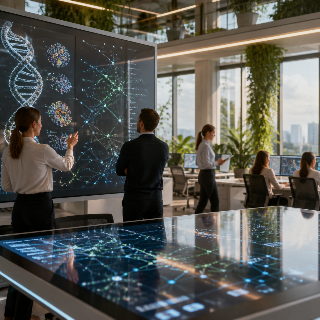 Mille agents IA interconnectés analysant des flux massifs de données biologiques complexes.