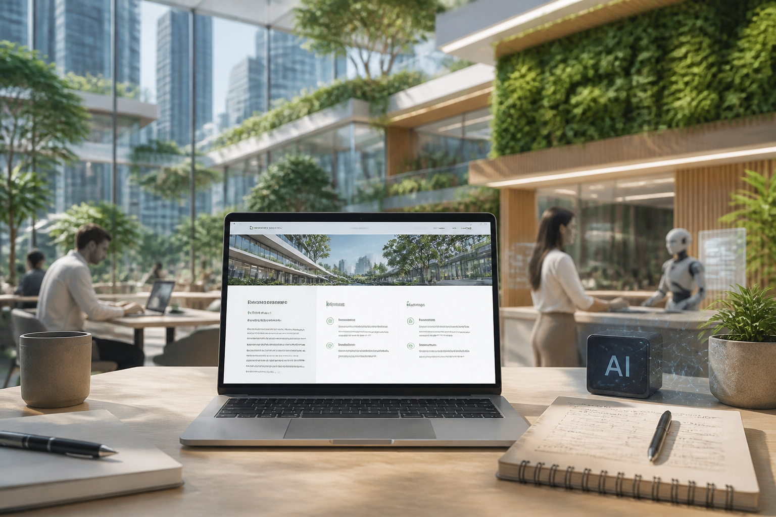 Image de héros illustrant un écran d'ordinateur affichant un site vitrine professionnel bien structuré, avec des icônes de contenu et d'IA, symbolisant l'optimisation du contenu web.