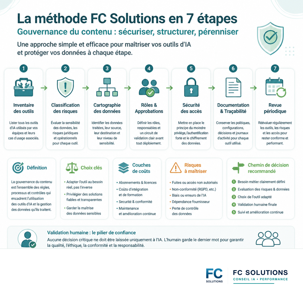 Infographie présentant la méthode FC Solutions en 7 étapes pour la gouvernance du contenu : inventaire des outils, classification des risques, cartographie des données, rôles et approbations, sécurité des accès, documentation et logs, revue périodique.