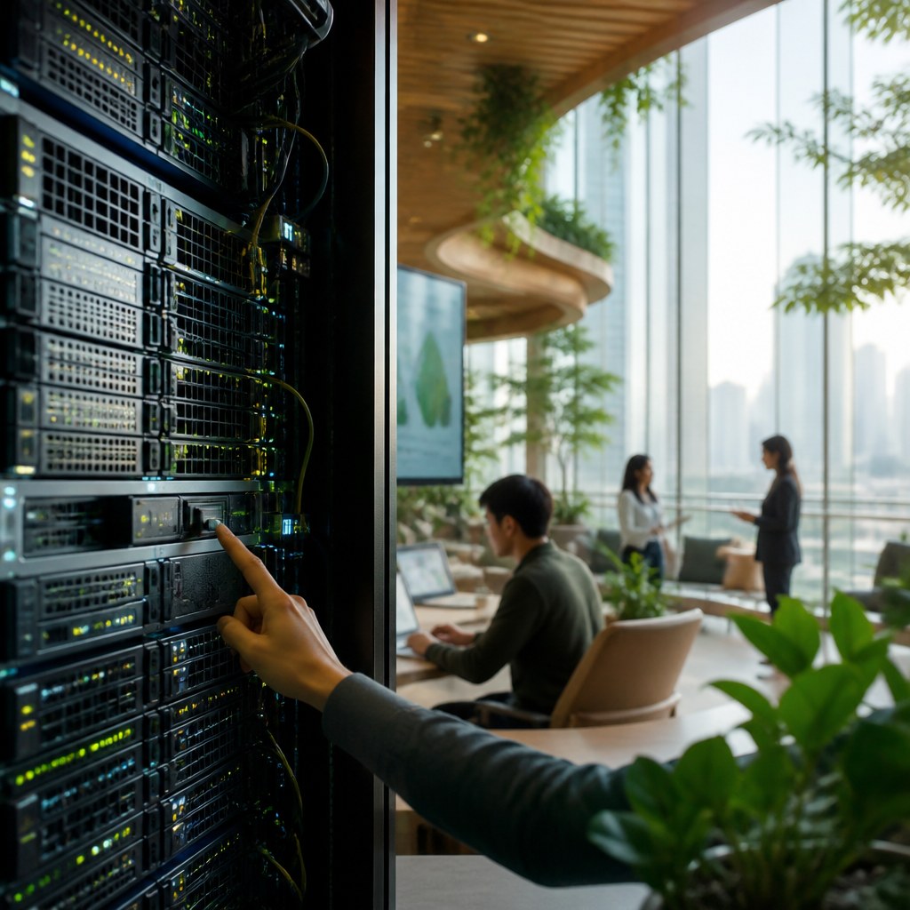 Gros plan sur un rack de serveurs dans un centre de données, symbolisant la technologie de stockage physique et l'intervention humaine.