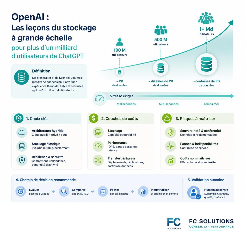 Infographie illustrant la croissance exponentielle des besoins en stockage de données pour les services d'IA, avec des indicateurs de volume, de vitesse et d'utilisateurs.