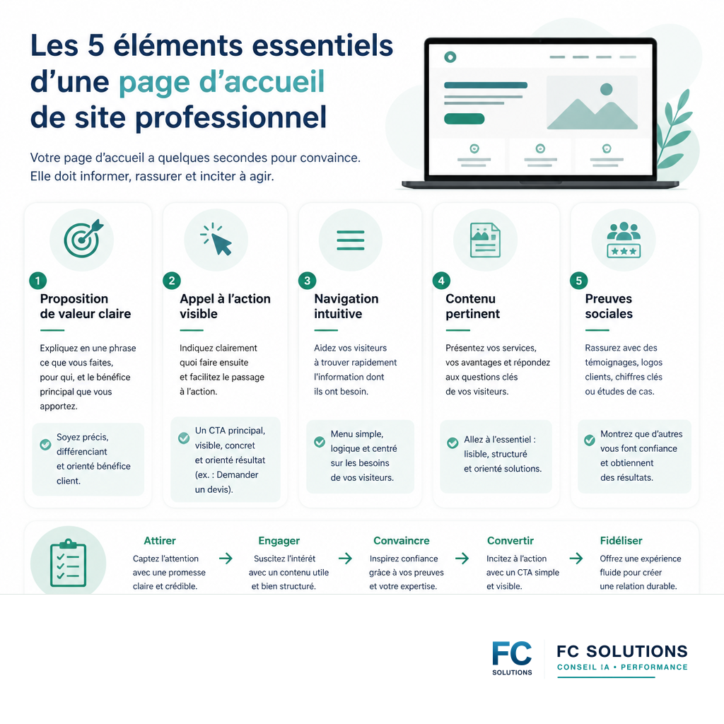 Infographie résumant les éléments clés d'une page d'accueil de site professionnel.