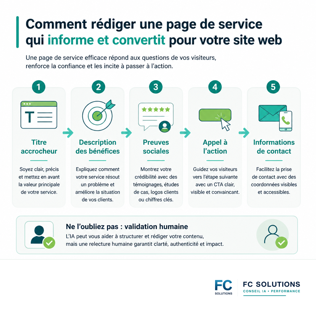 Infographie résumant les 5 éléments essentiels pour une page de service réussie.