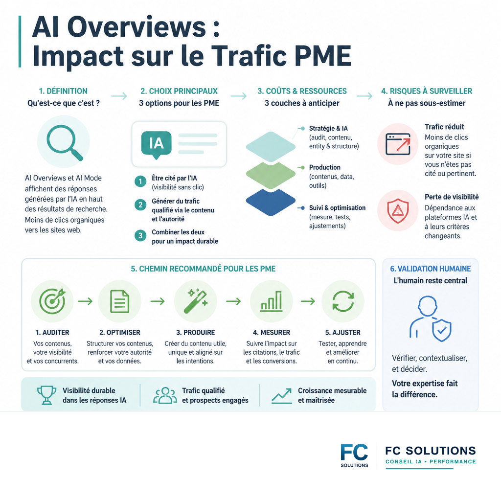 Infographie résumant l'impact des AI Overviews sur le trafic des PME : recherche IA, réduction du trafic, et opportunité de trafic qualifié.