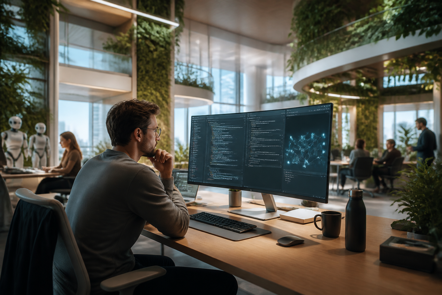 Un développeur examine une interface de code complexe sur un écran, avec des éléments visuels suggérant une analyse IA avancée pour la détection de bugs.