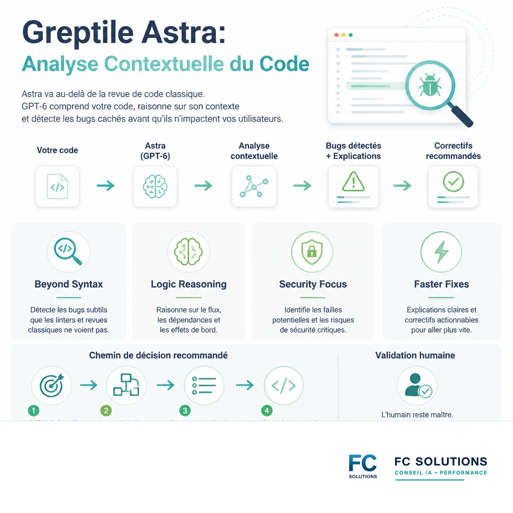 Infographie résumant les avantages clés de Greptile Astra : analyse contextuelle, raisonnement logique et détection proactive de vulnérabilités.
