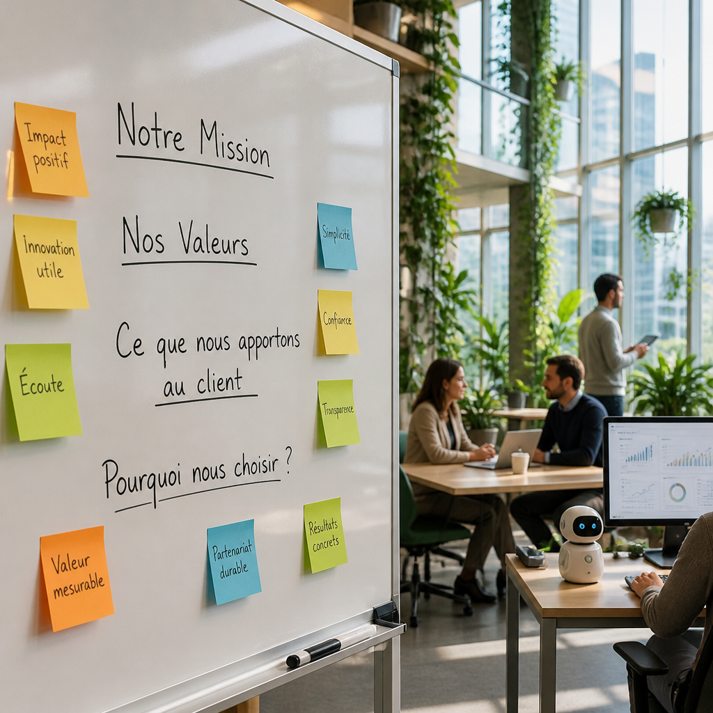 Tableau blanc illustrant la structuration des idées pour une page 'À propos' axée sur la valeur client et la proposition de valeur unique.