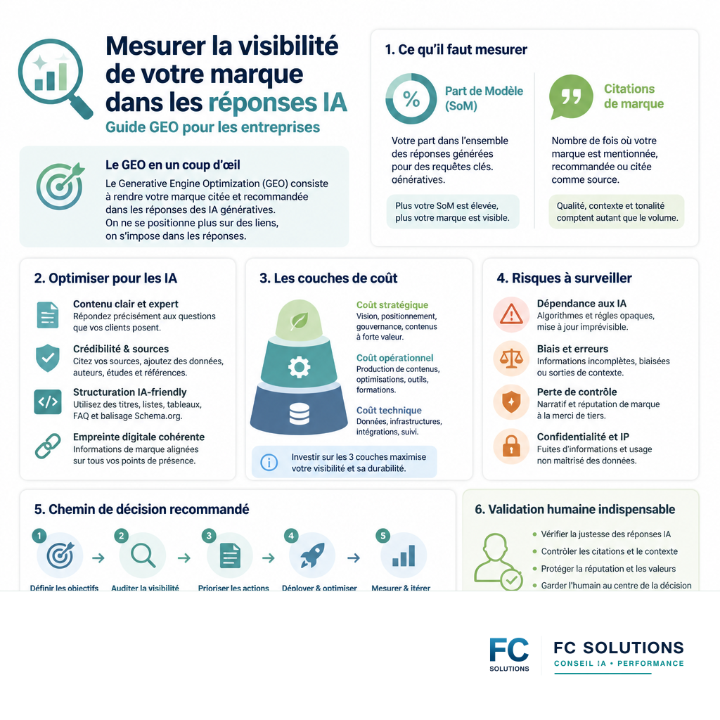 Infographie résumant les principes du Generative Engine Optimization (GEO) pour la visibilité des marques dans les réponses IA.