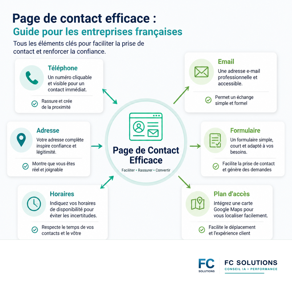 Infographie récapitulant les composantes essentielles d'une page de contact performante pour les entreprises.