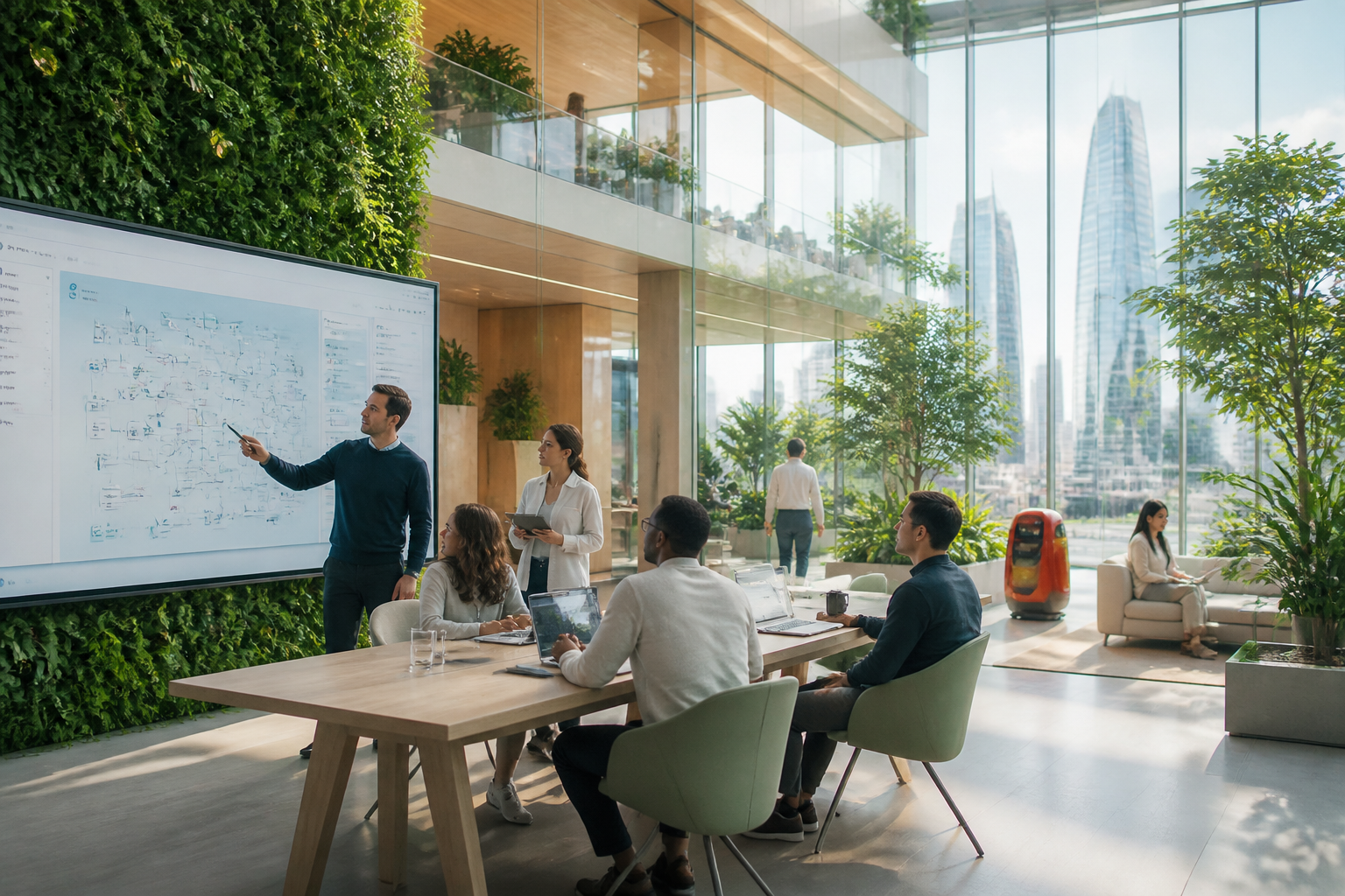 Employés collaborant sur une interface numérique intégrant l'IA d'OpenAI et la plateforme ServiceNow pour optimiser les flux de travail d'entreprise.