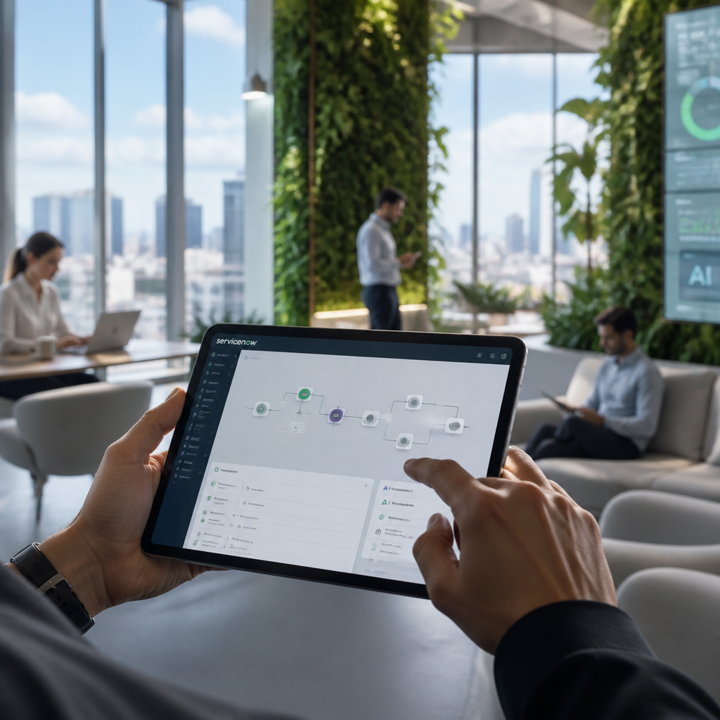 Interface utilisateur de ServiceNow démontrant une tâche de flux de travail automatisée par l'IA, avec une interaction tactile sur une tablette.