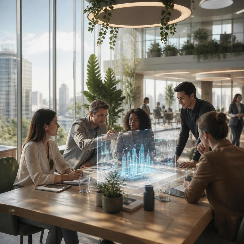 Professionnels analysant des données complexes et des insights générés par IA sur un écran holographique dans un bureau moderne.