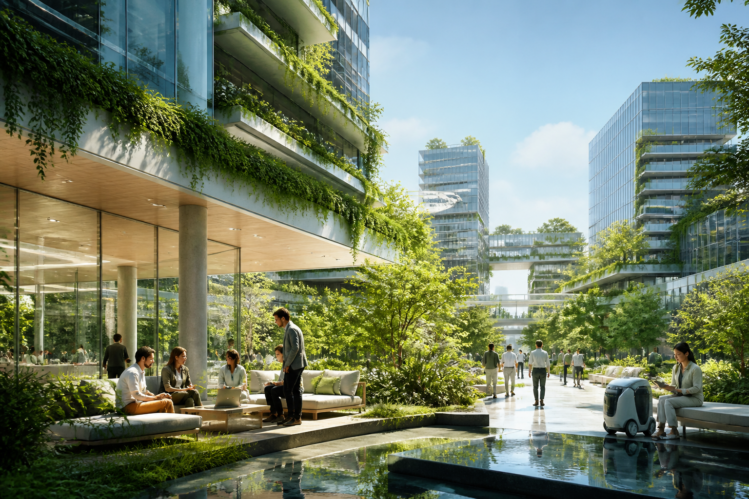 Environnement futuriste réaliste où des équipes humaines collaborent avec des assistants IA autour du sujet traité.