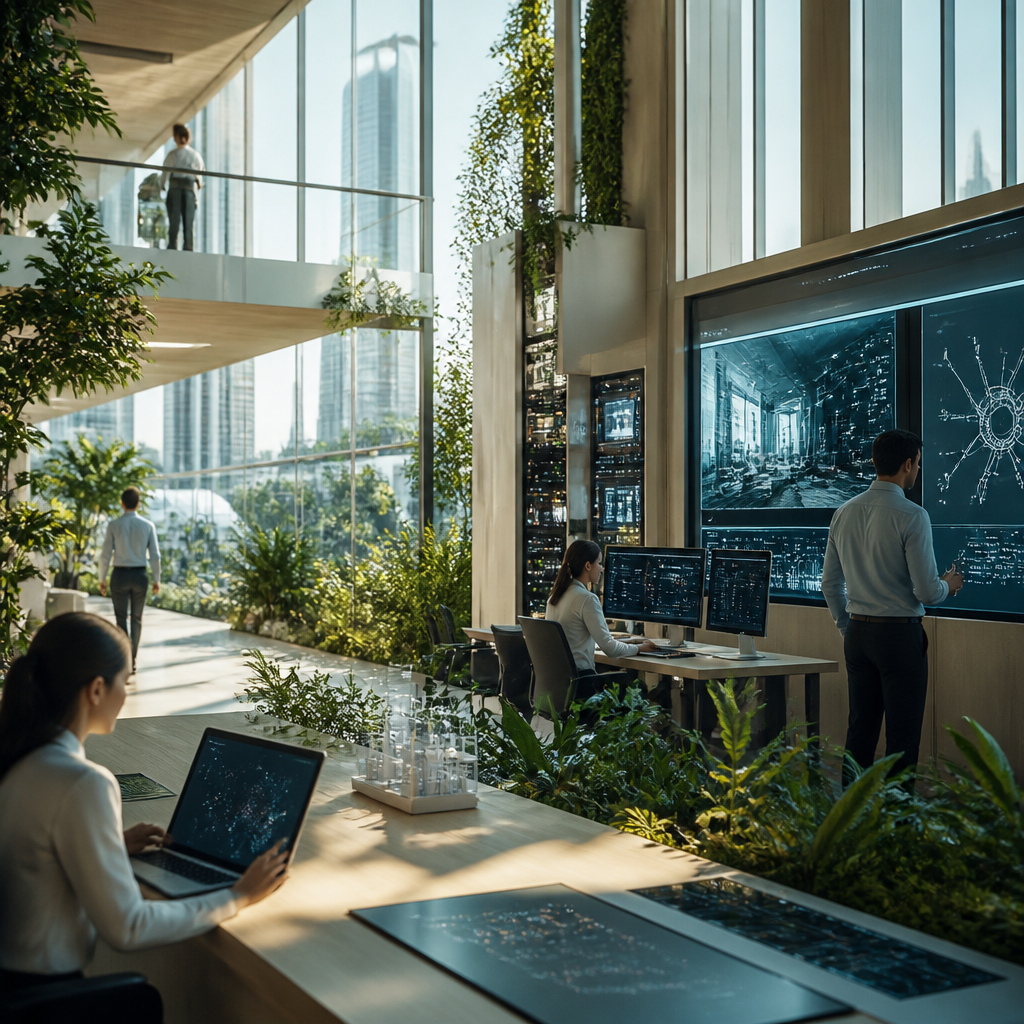 Illustration intermédiaire montrant une collaboration humain-IA dans un environnement de travail futuriste.
