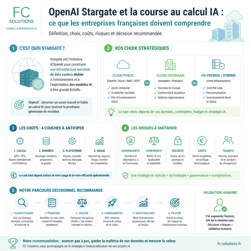 Infographie synthétique résumant les idées clés de l’article OpenAI Stargate et la course au calcul IA : ce que les entreprises françaises doivent comprendre.