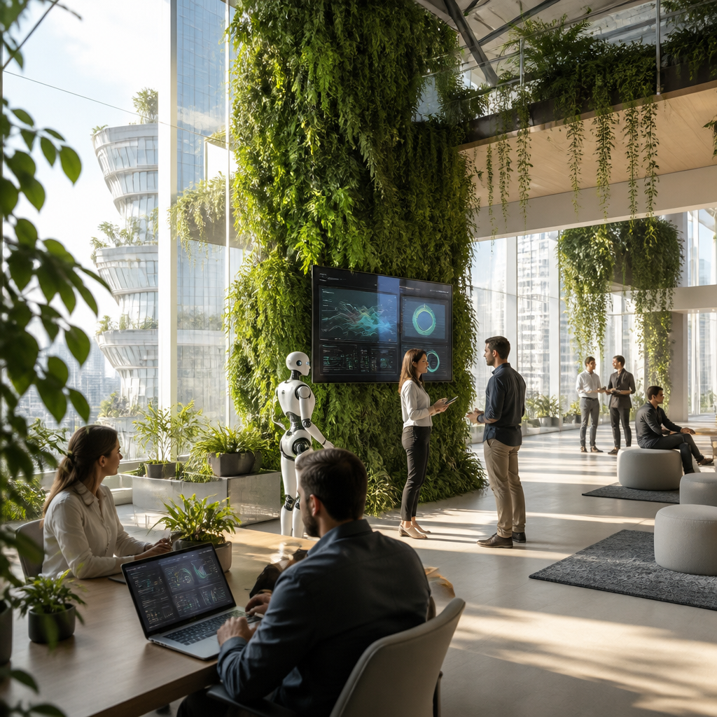 Illustration intermédiaire montrant une collaboration humain-IA dans un environnement de travail futuriste.