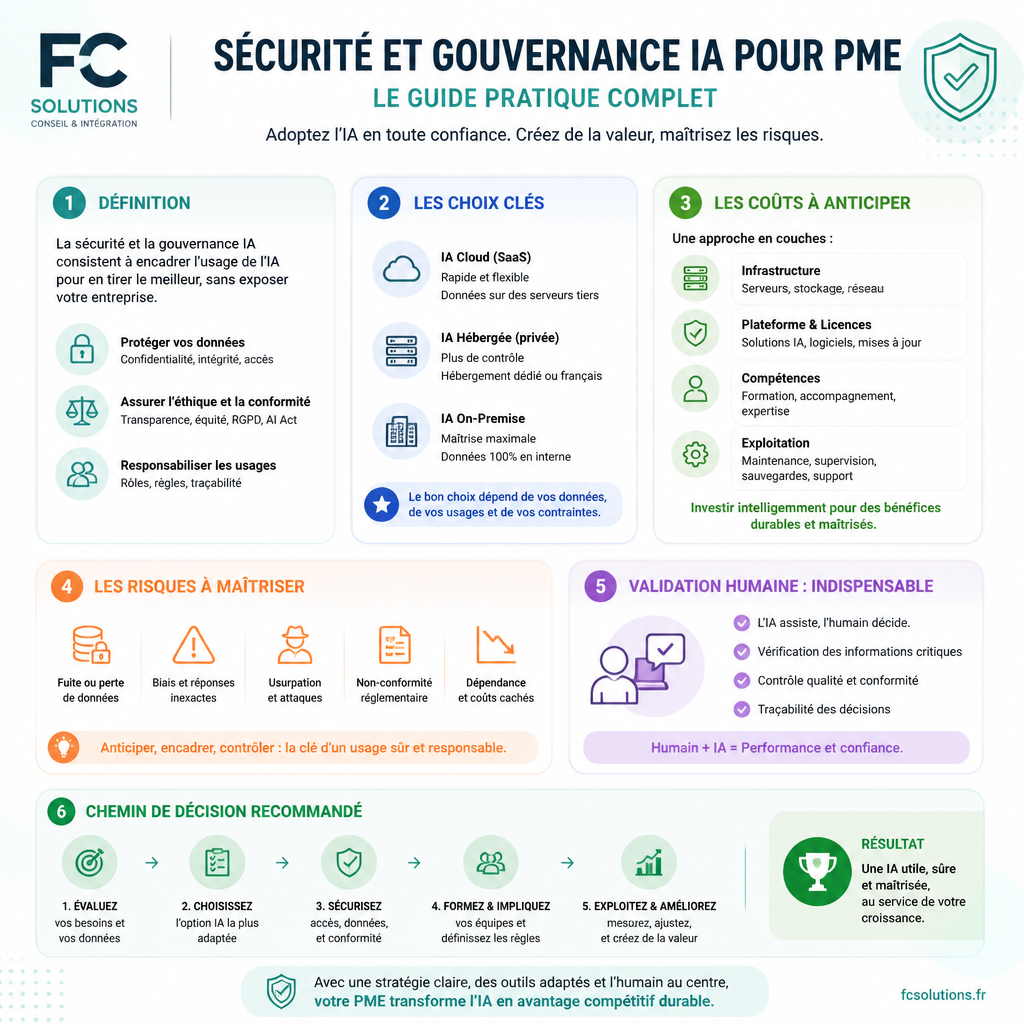 Infographie synthétique résumant les idées clés de l’article Sécurité et Gouvernance IA pour PME : Le Guide Pratique Complet.