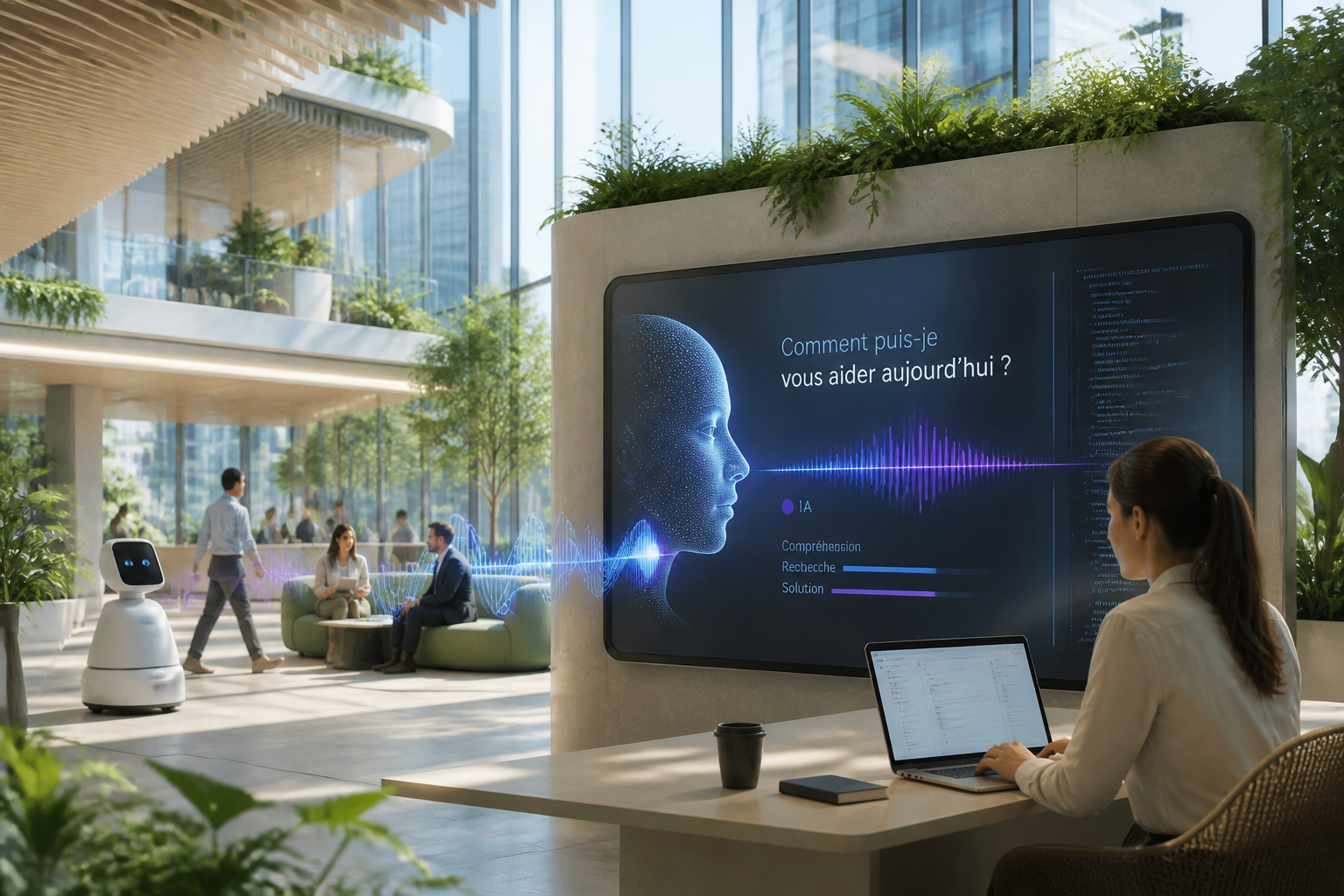 Environnement futuriste réaliste où des équipes humaines collaborent avec des assistants IA autour du sujet traité.