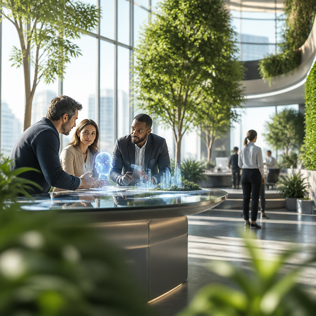 Illustration intermédiaire montrant une collaboration humain-IA dans un environnement de travail futuriste.