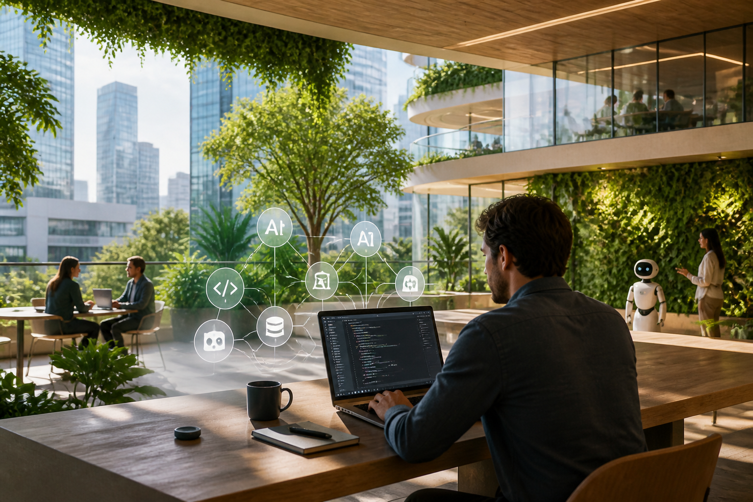 Environnement futuriste réaliste où des équipes humaines collaborent avec des assistants IA autour du sujet traité.