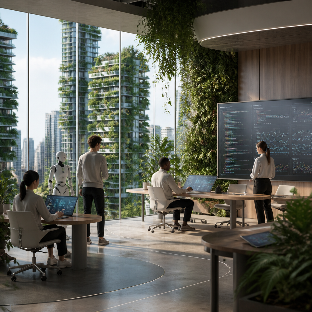 Illustration intermédiaire montrant une collaboration humain-IA dans un environnement de travail futuriste.