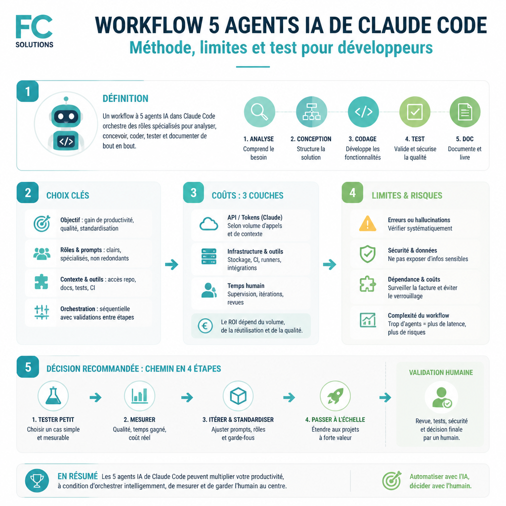 Infographie synthétique résumant les idées clés de l’article Workflow 5 agents IA de Claude Code : méthode, limites et test pour développeurs.