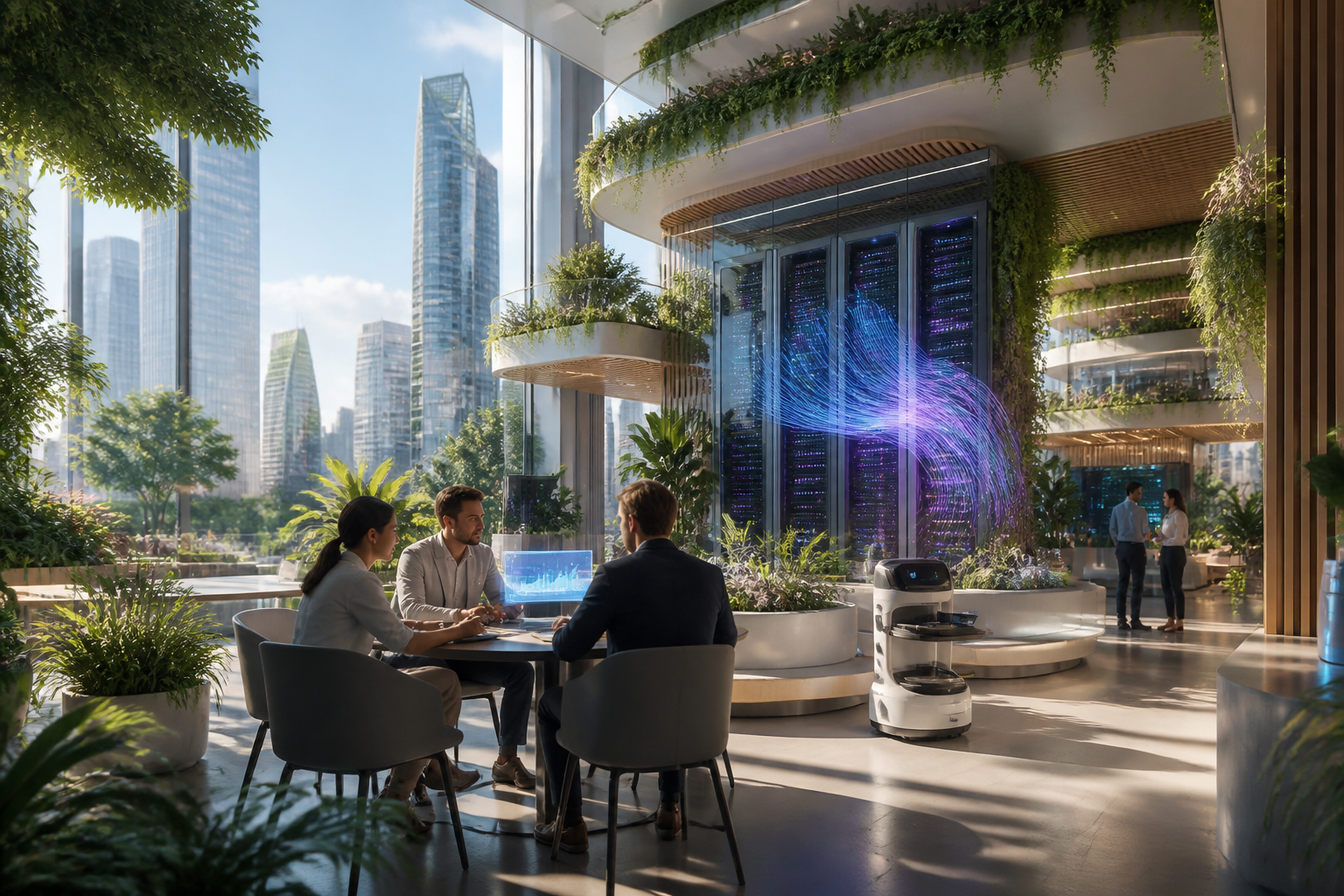 Environnement futuriste réaliste où des équipes humaines collaborent avec des assistants IA autour du sujet traité.